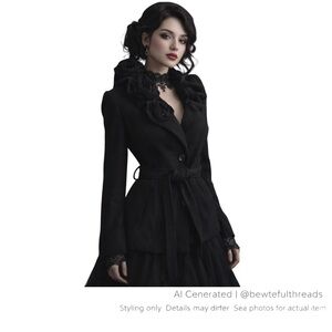 LILIBLEU Black Rosette Belted Jacket Coquette Goth Romantic Peplum Coat